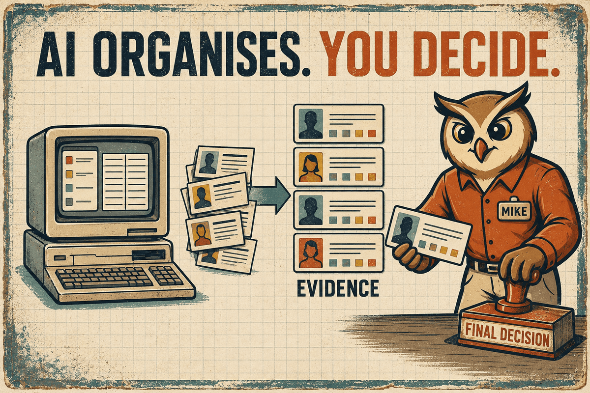 AI organises the evidence while the hiring manager makes the decision.