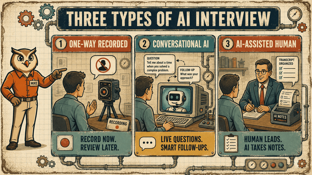 Mike presents icons for one-way recorded, conversational AI, and AI-assisted human interviews.