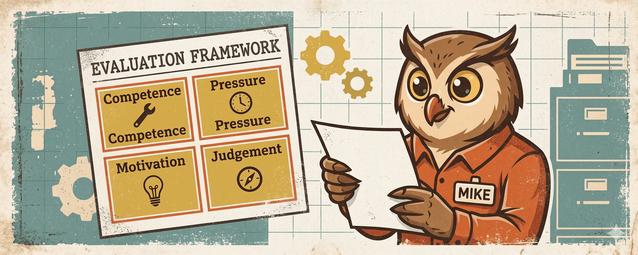 Visual framework for writing effective async interview questions covering role-specific competence, approach to pressure, motivation and fit, and practical judgement