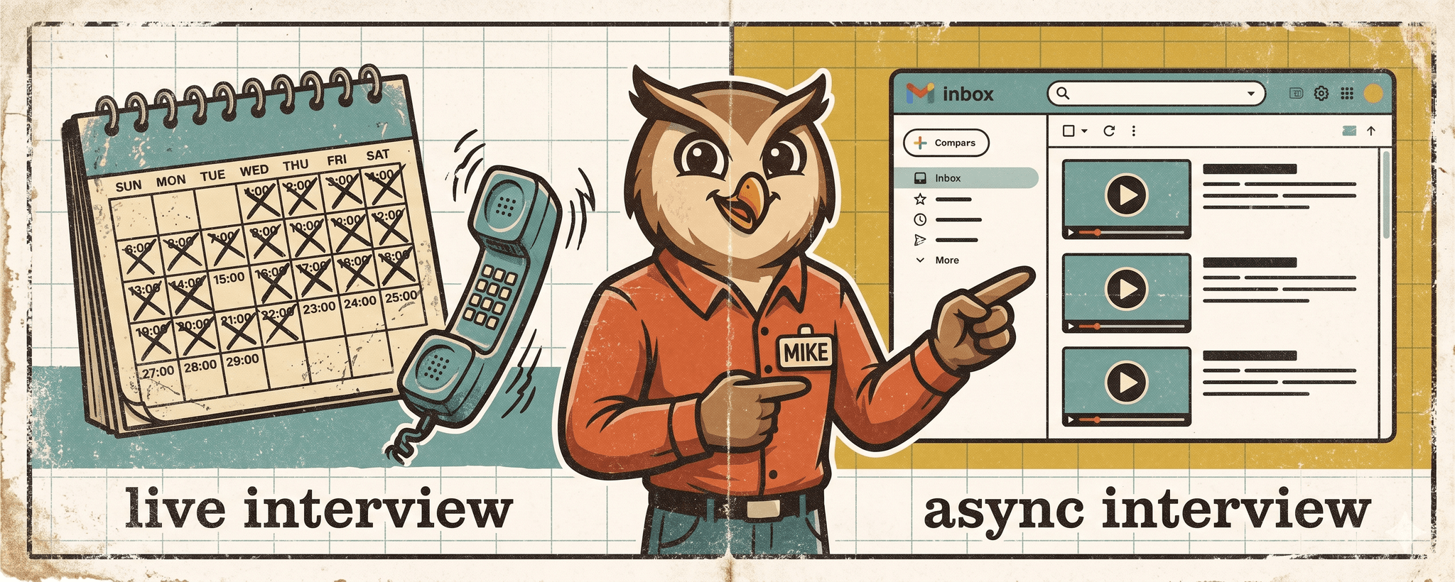 Comparison visual showing when async interviews work best versus when live interviews are needed in the hiring process