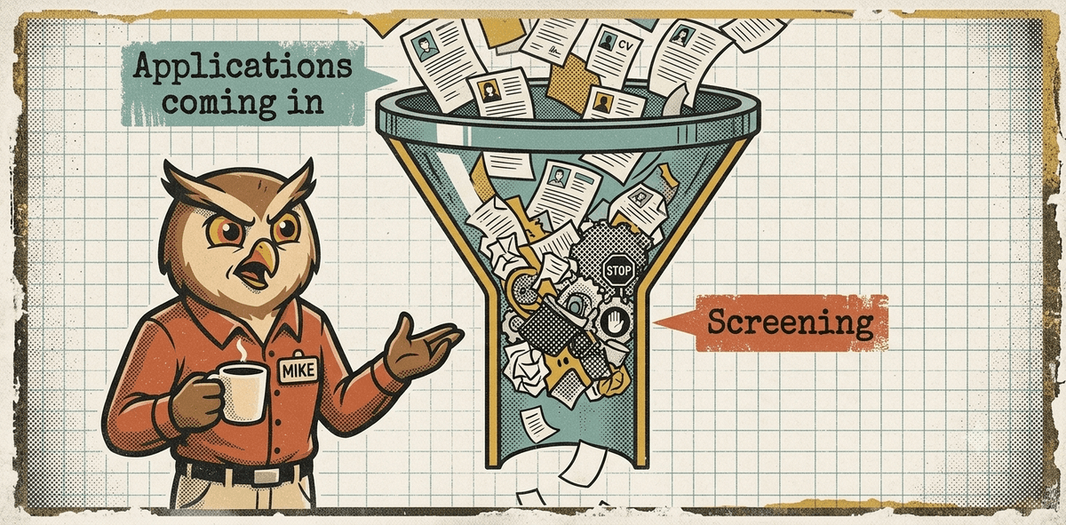 Applications pouring into a screening funnel, illustrating a candidate review bottleneck