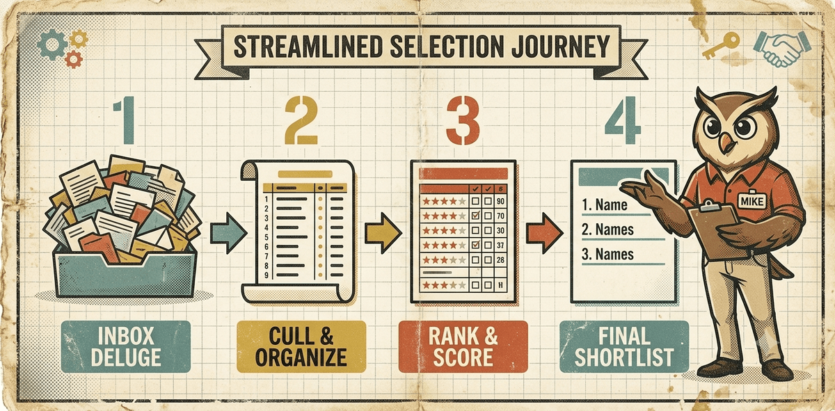 Four-step candidate selection process: inbox deluge, cull and organise, rank and score, final shortlist