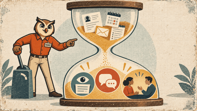Mike uses an hourglass showing hiring administration transformed into evidence review, candidate communication and human conversation.