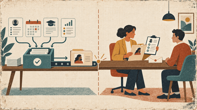 An automated system organises applications and schedules before handing an evidence file to a hiring manager who reviews it with the candidate.