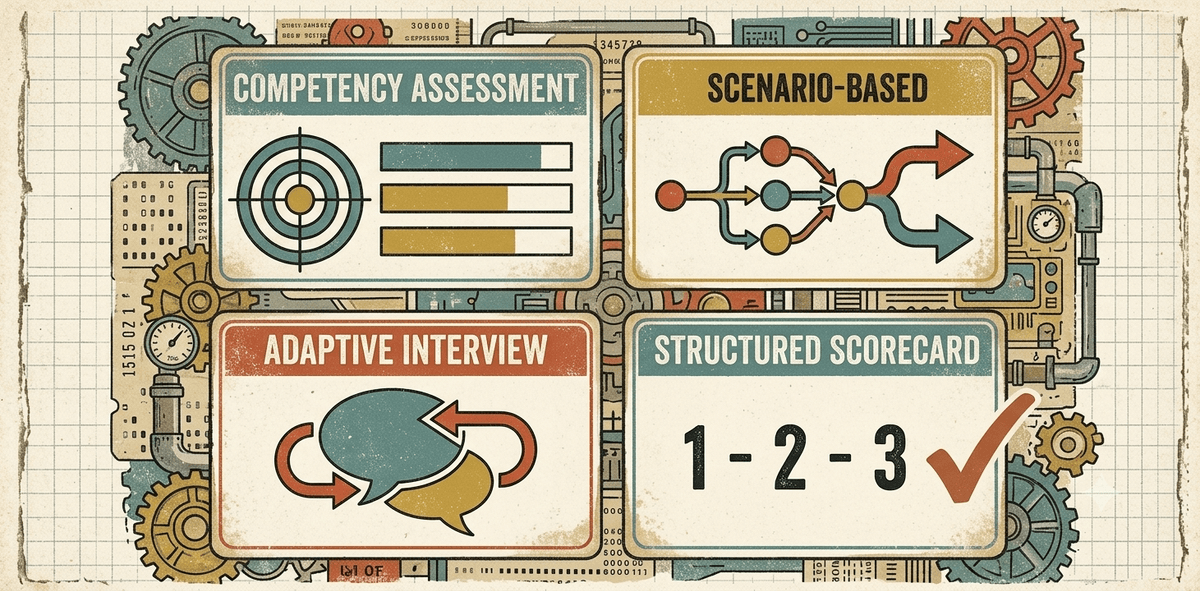 Four modern candidate evaluation methods in a grid: Competency Assessment, Scenario-Based evaluation, Adaptive Interview, and Structured Scorecard, the tools that replace degraded traditional signals
