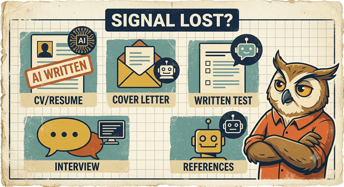 Mike the owl beside a 'Signal Lost?' grid showing how AI has compromised every traditional hiring signal: CV/Resume stamped 'AI Written', cover letter, written test, interview, and references each paired with an AI robot icon