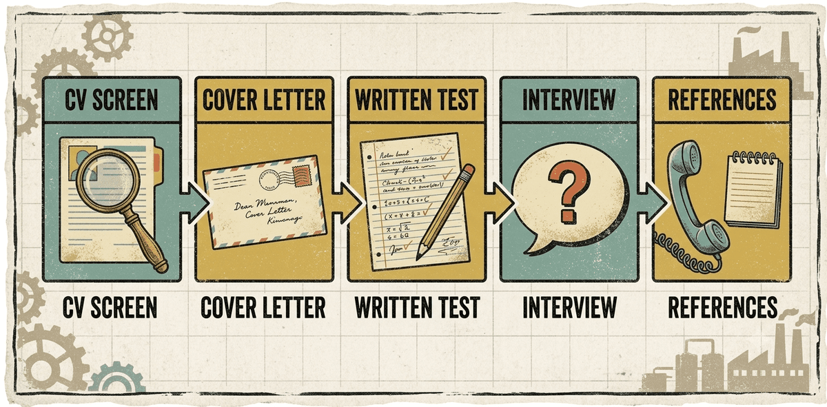 The traditional 5-step candidate evaluation pipeline: CV Screen, Cover Letter, Written Test, Interview, and References, the conventional hiring sequence now under pressure from AI