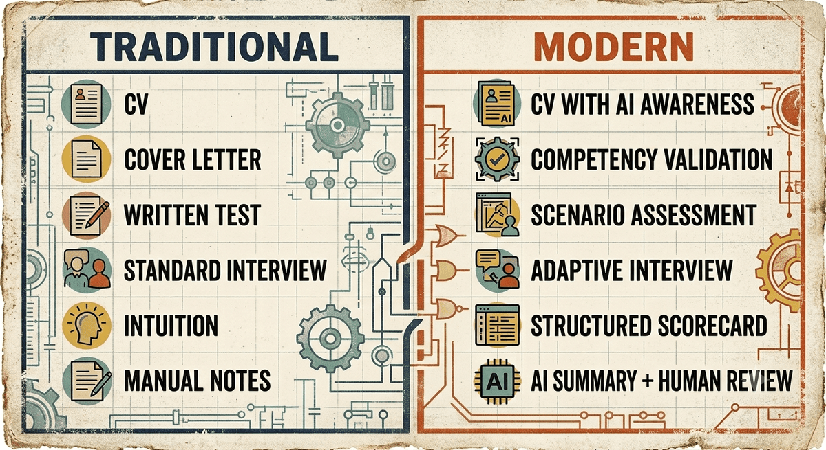 Side-by-side comparison of Traditional evaluation (CV, Cover Letter, Written Test, Standard Interview, Intuition, Manual Notes) versus Modern evaluation (CV with AI Awareness, Competency Validation, Scenario Assessment, Adaptive Interview, Structured Scorecard, AI Summary + Human Review)
