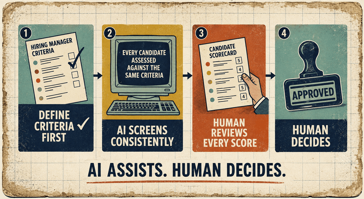 Four-step diagram showing fair AI-assisted hiring: define criteria first, assess every candidate consistently, review scores as a human, and make the final decision as a human.