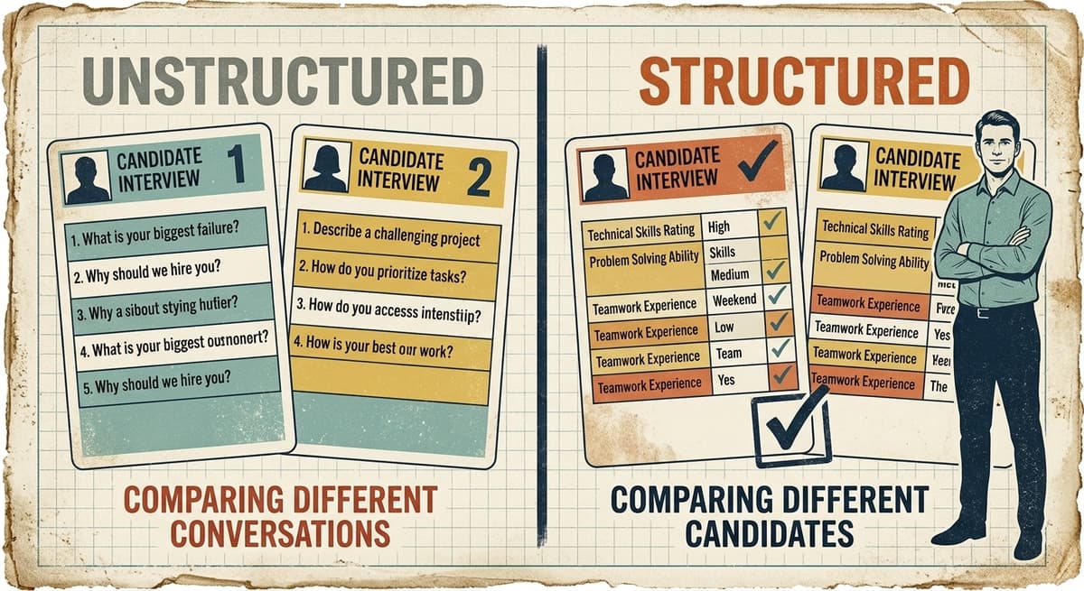 Comparison of unstructured and structured interviews, showing why consistent questions improve candidate evaluation.