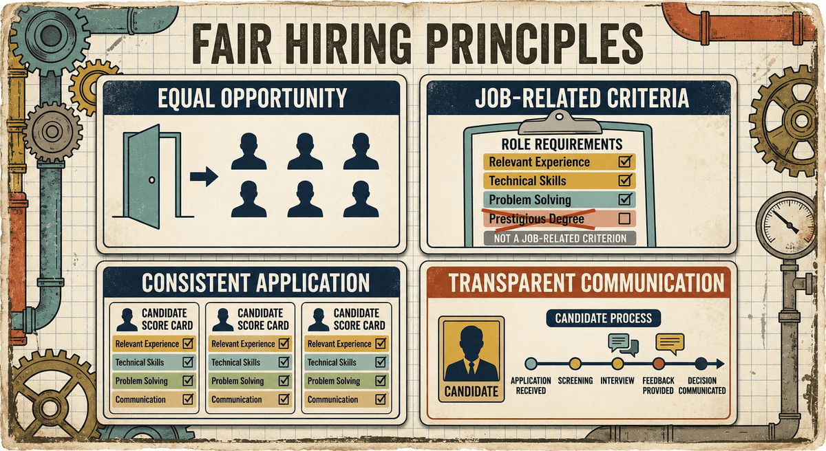 Four fair hiring principles: equal opportunity, job-related criteria, consistent application, and transparent communication.