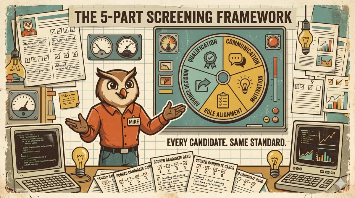 Illustration of a five-part screening framework dashboard covering qualification, communication, motivation, role alignment, and advancement decision