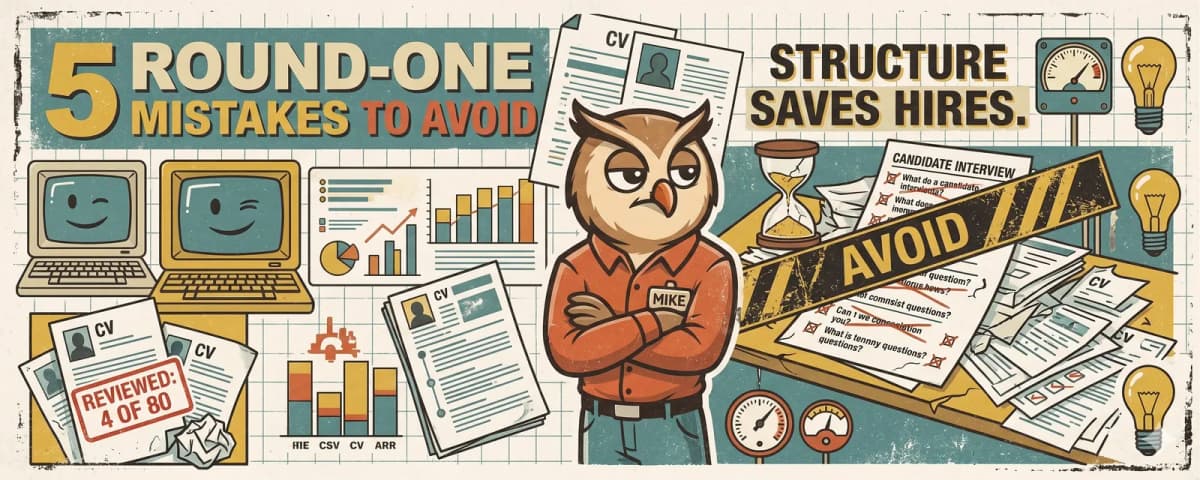 Illustration listing the five most common round-one interview mistakes to avoid, with the text "Structure Saves Hires"