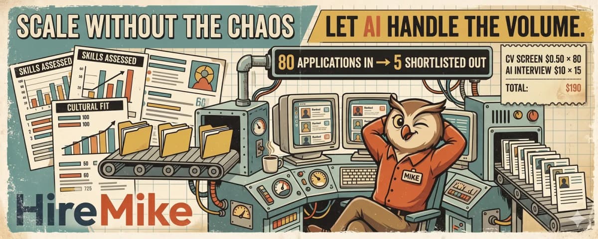Illustration of an assembly line processing applications into a shortlist, with the text "Scale Without the Chaos: Let AI Handle the Volume"