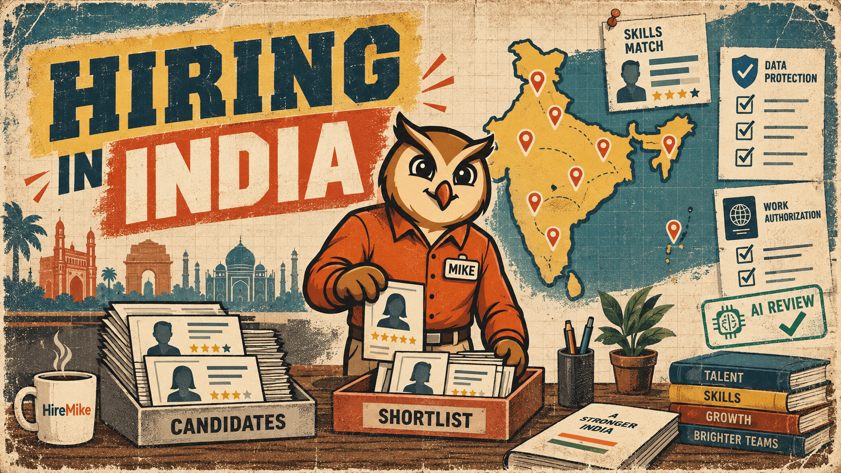 Retro HireMike poster with Mike sorting candidate cards beside an India hiring map, data protection notes, work authorization, and AI review notes.