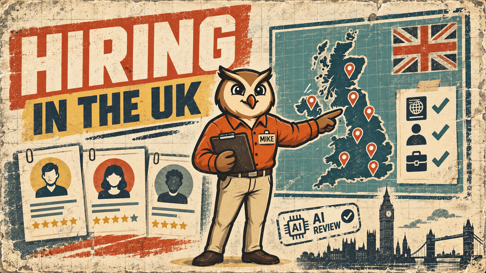 Retro HireMike poster with Mike pointing to a United Kingdom hiring map, candidate cards, right-to-work checks, and AI review notes.