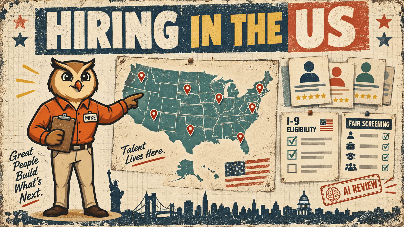 Retro HireMike poster with Mike pointing to a United States hiring map, candidate cards, I-9 eligibility, fair screening, and AI review notes.
