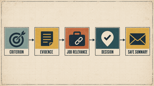 The five-part interview feedback sequence moves from criterion to observed evidence, job relevance, decision and a candidate-safe summary.