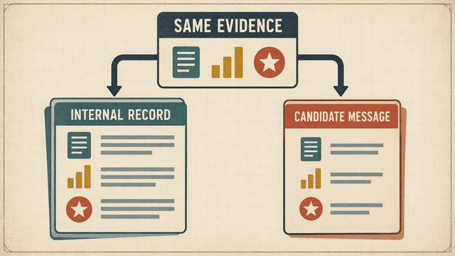 Detailed internal interview evidence is separated from a concise, respectful message written for the candidate.