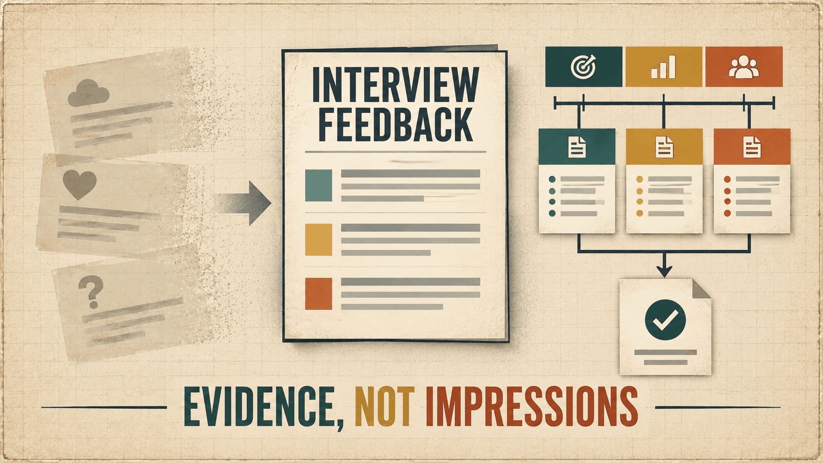 A structured interview feedback sheet turns vague impression cards into evidence aligned to job criteria and a clear decision.