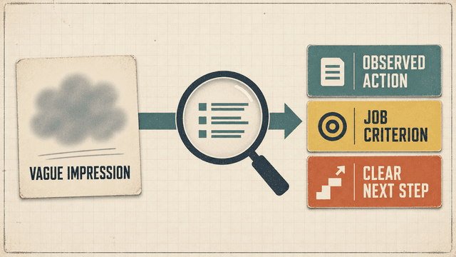 A vague interview impression passes through an evidence lens and becomes an observed action, job criterion and clear next step.