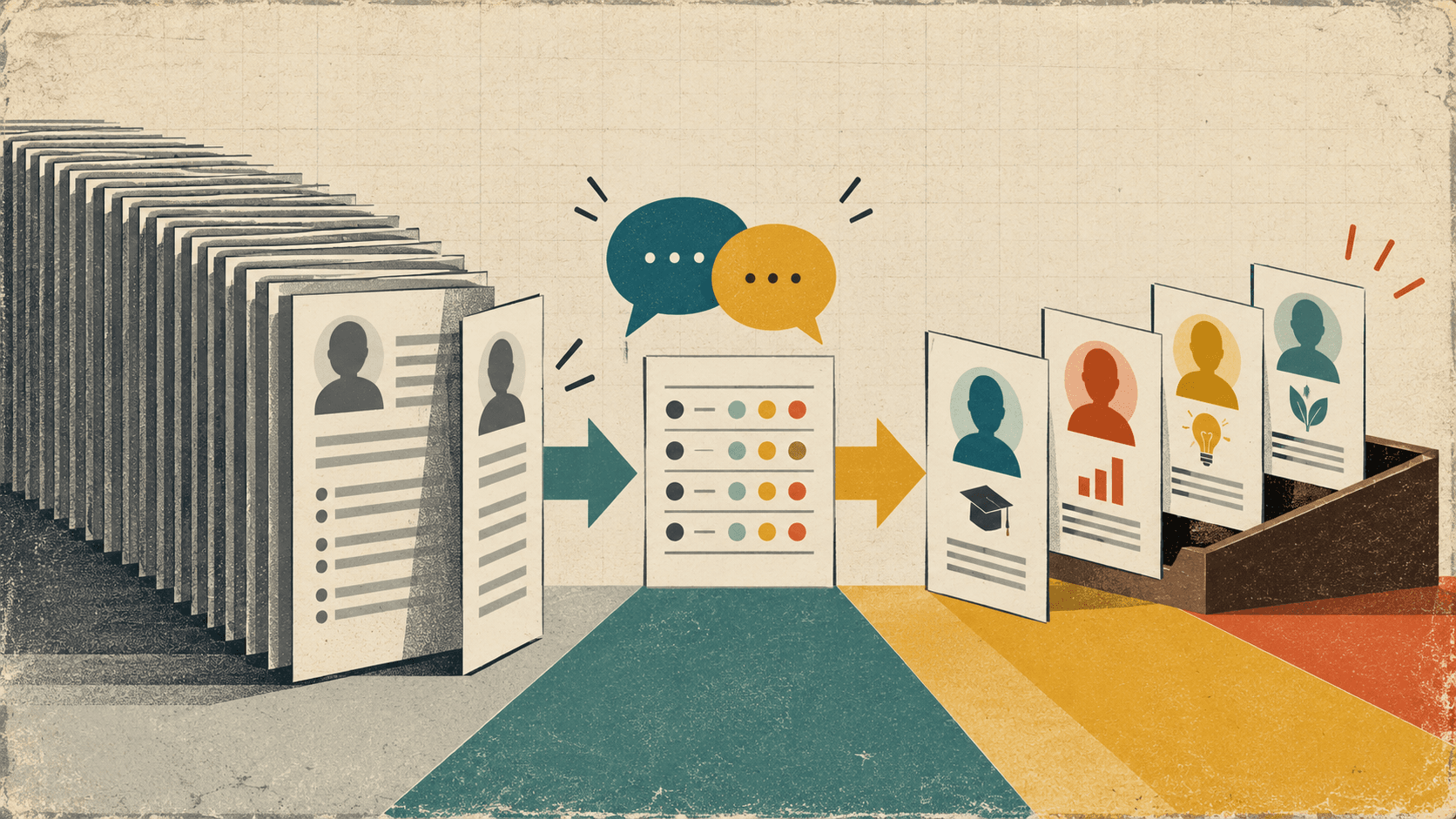 A stack of similar CVs opens into a structured interview scorecard and distinct candidate evidence cards.