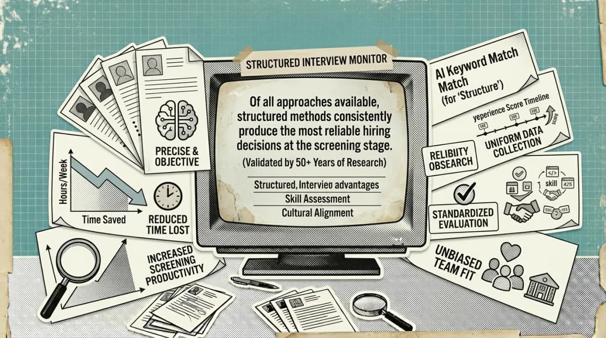 Diagram showing which interview method to use at each hiring stage: AI-led screening early, behavioural mid-stage, semi-structured for final interviews