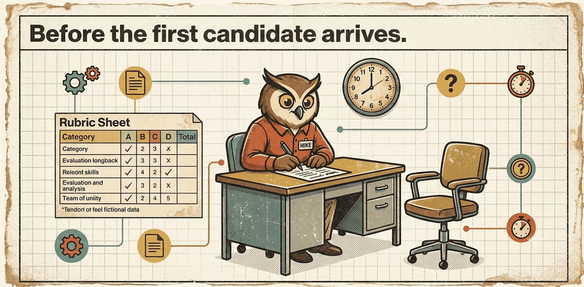 Mike the owl sitting at a desk completing a rubric sheet before any interviews begin, illustrating that rubric anchors must be written before the first candidate arrives