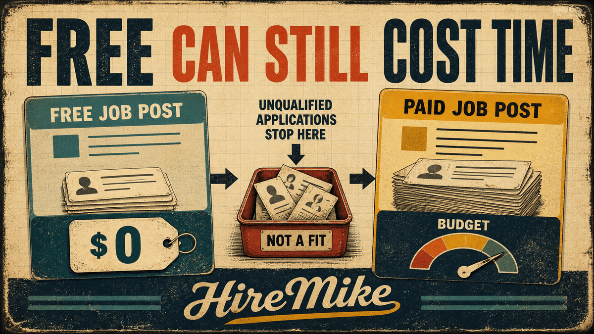 A retro poster compares free job posts and paid reach, showing that free applicant flow can still cost review time.