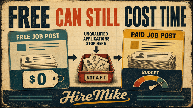 A retro poster compares free job posts and paid reach, showing that free applicant flow can still cost review time.