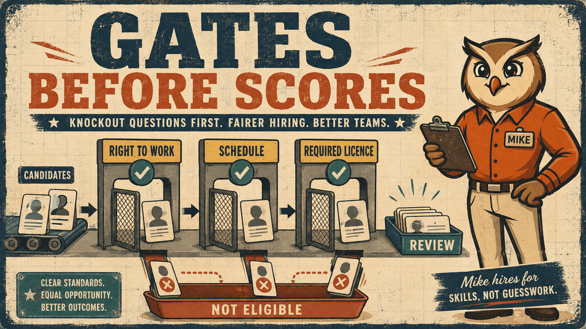 Mike the HireMike owl shows knockout questions as gates before candidate scoring begins.