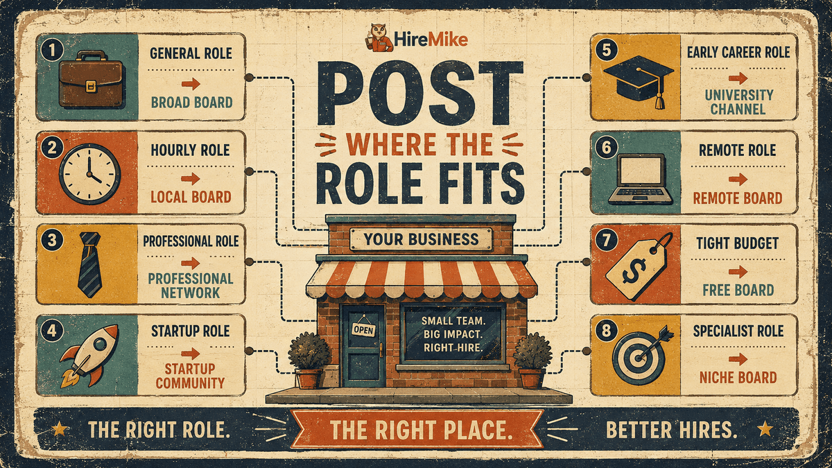 A retro hiring poster shows eight small-business hiring situations matched to the right type of job board.
