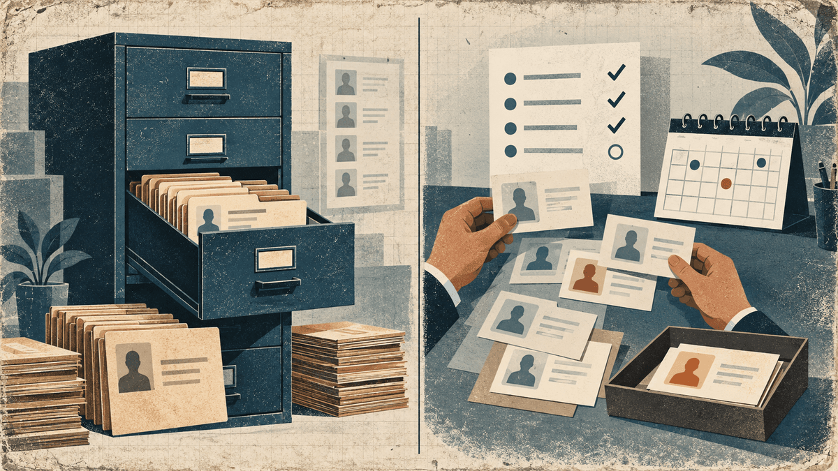 A filing cabinet stores candidate records while an active review desk sorts applications into interviews and a shortlist.
