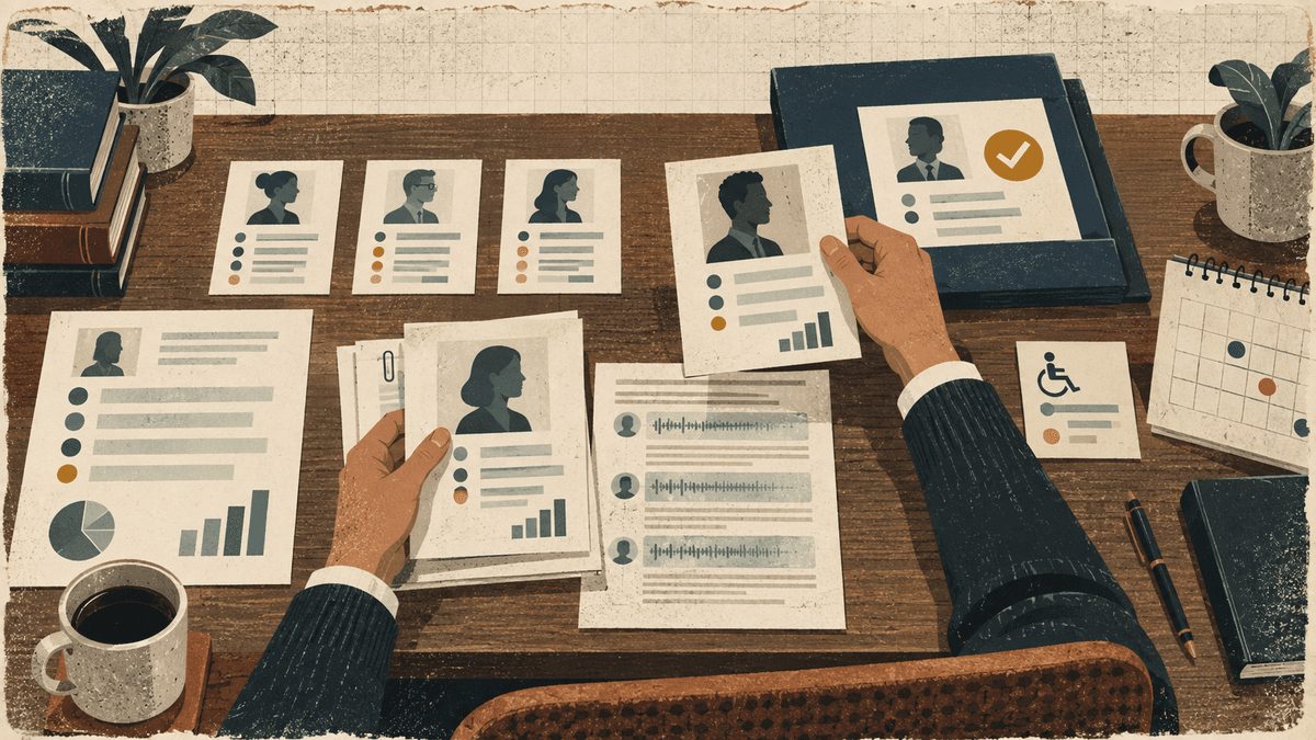 A hiring manager reviews candidate evidence and accessibility information before moving a person to the final interview stage.