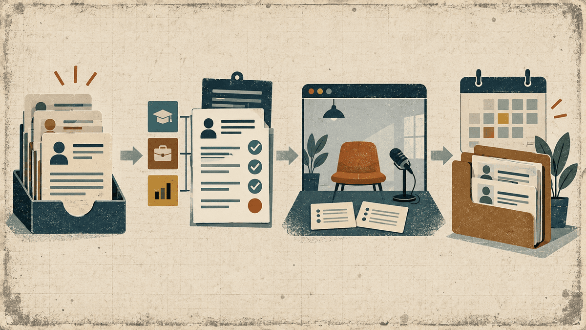 A four-stage recruitment automation workflow moves applications through criteria review and structured interviews into a scheduled shortlist.