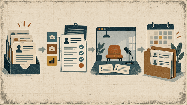 A four-stage recruitment automation workflow moves applications through criteria review and structured interviews into a scheduled shortlist.