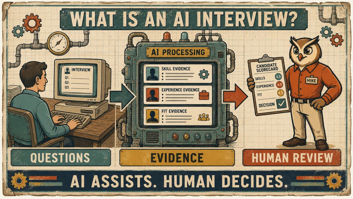 Mike the HireMike owl reviews an AI interview scorecard beside a laptop showing a job candidate.