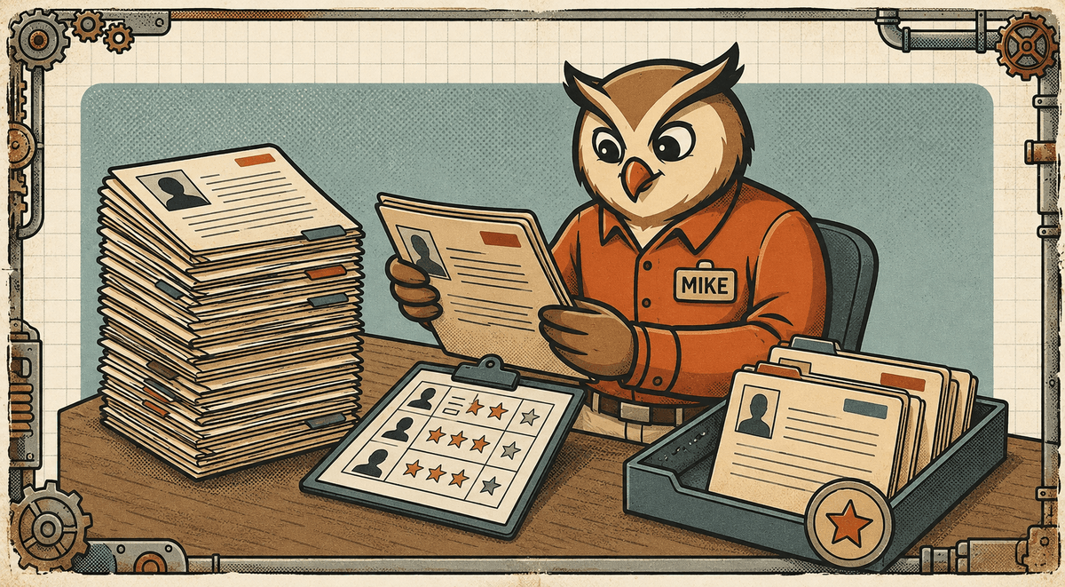 Mike the HireMike owl reviews applicant evidence and presents a considered shortlist.