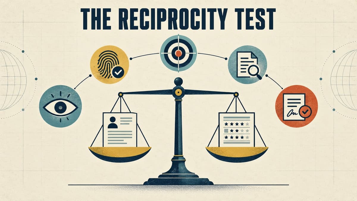 A balanced scale connects five tests for responsible candidate and employer AI use