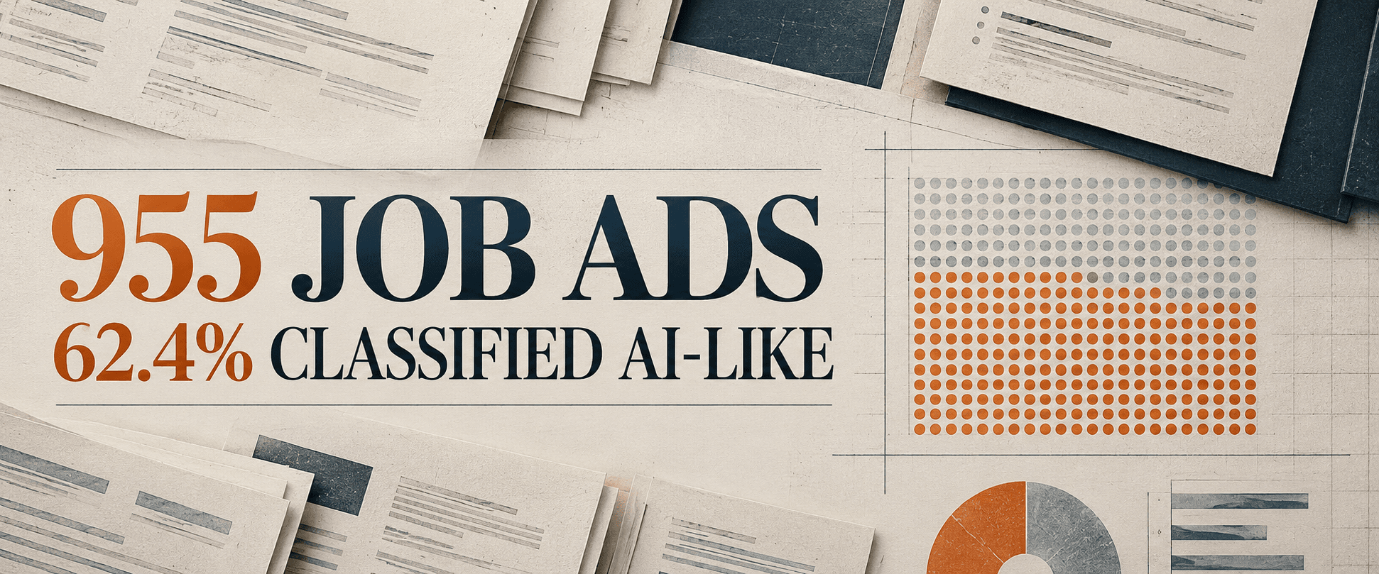 Editorial research cover showing 955 anonymised job advertisements and a chart representing the 62.4% classified as AI-like