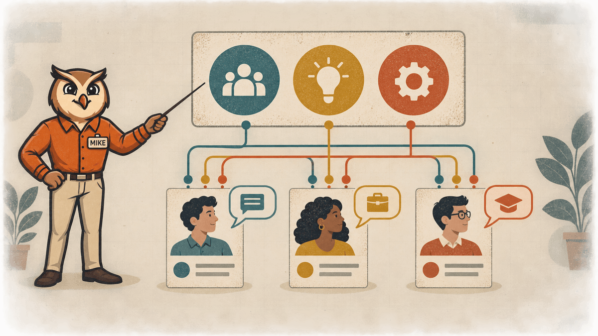 Mike points to shared hiring criteria applied to three candidates, each receiving a different clarifying follow-up.