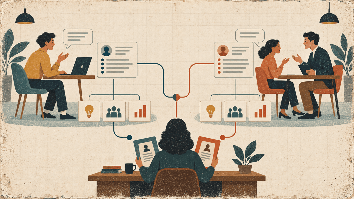 Two candidates complete AI-led and human-led first-round interviews using the same criteria before a recruiter compares both evidence files.