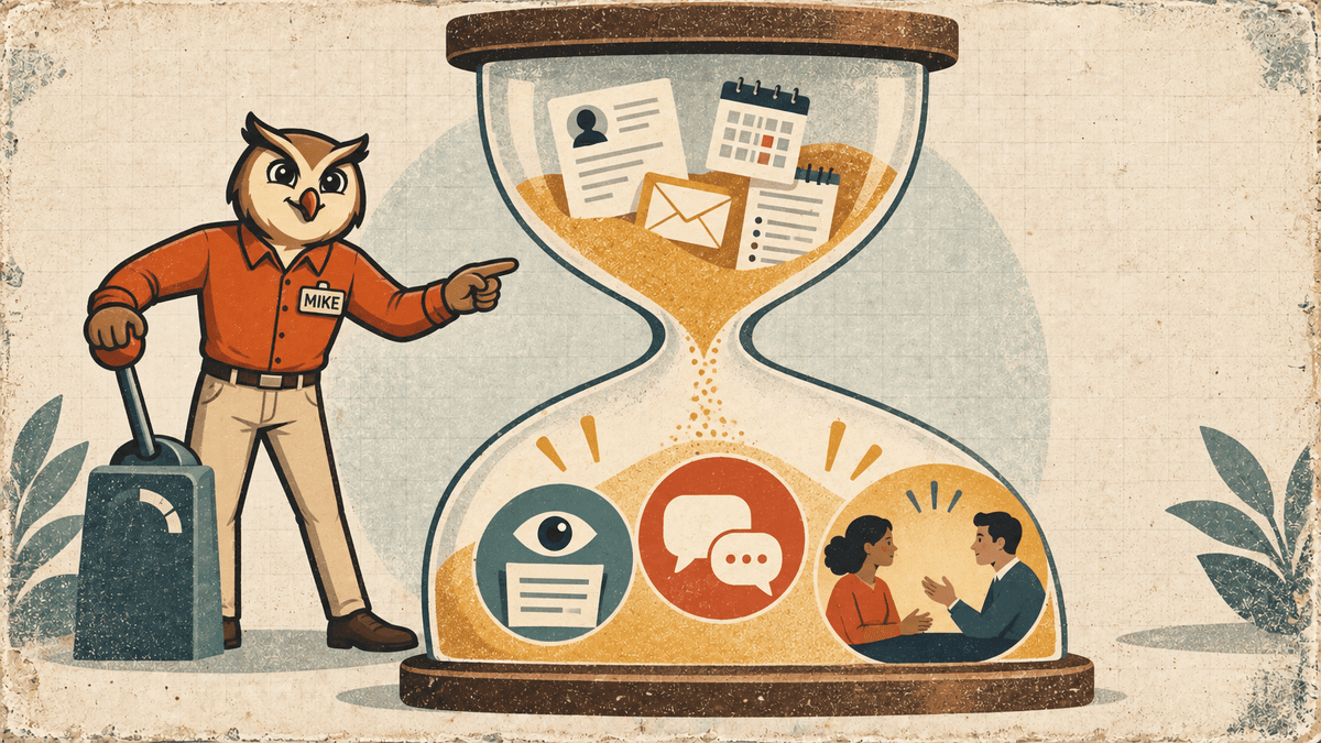 Mike uses an hourglass showing hiring administration transformed into evidence review, candidate communication and human conversation.