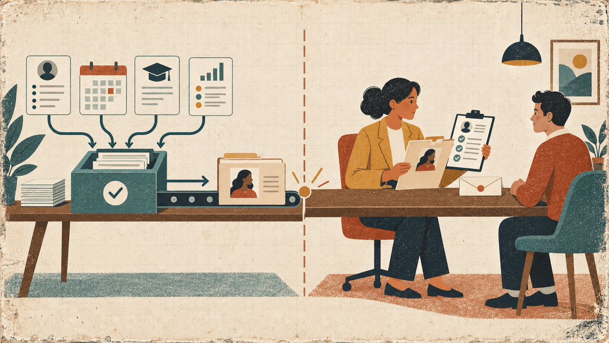An automated system organises applications and schedules before handing an evidence file to a hiring manager who reviews it with the candidate.