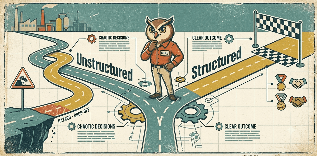 Mike the owl standing at a fork in the road: the unstructured path winds chaotically to a cliff edge labelled 'Hazard — Drop-Off' and 'Chaotic Decisions', while the structured path runs straight to a finish line labelled 'Clear Outcome'
