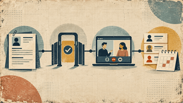 A four-stage hiring workflow from application through eligibility screening and video interview to shortlist and scheduling.