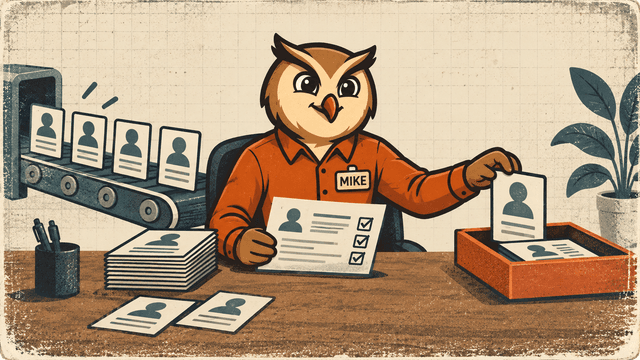 Mike the HireMike owl reviews candidate evidence and selects a card for the shortlist.
