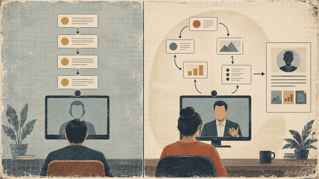 A comparison between a fixed one-way video interview and a responsive conversational interview.