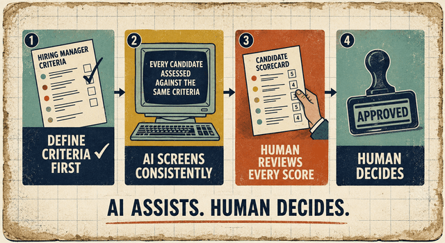 Four-step diagram showing fair AI-assisted hiring: define criteria first, assess every candidate consistently, review scores as a human, and make the final decision as a human.