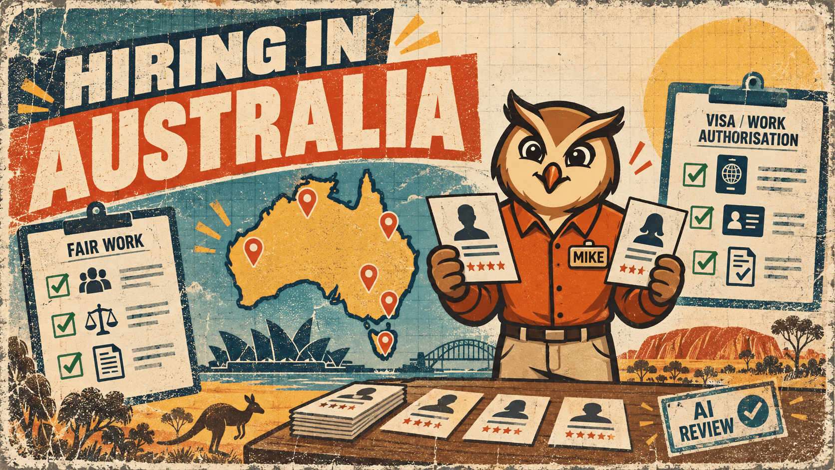Retro HireMike poster with Mike comparing candidate cards beside an Australia hiring map, Fair Work notes, visa checks, and AI review notes.